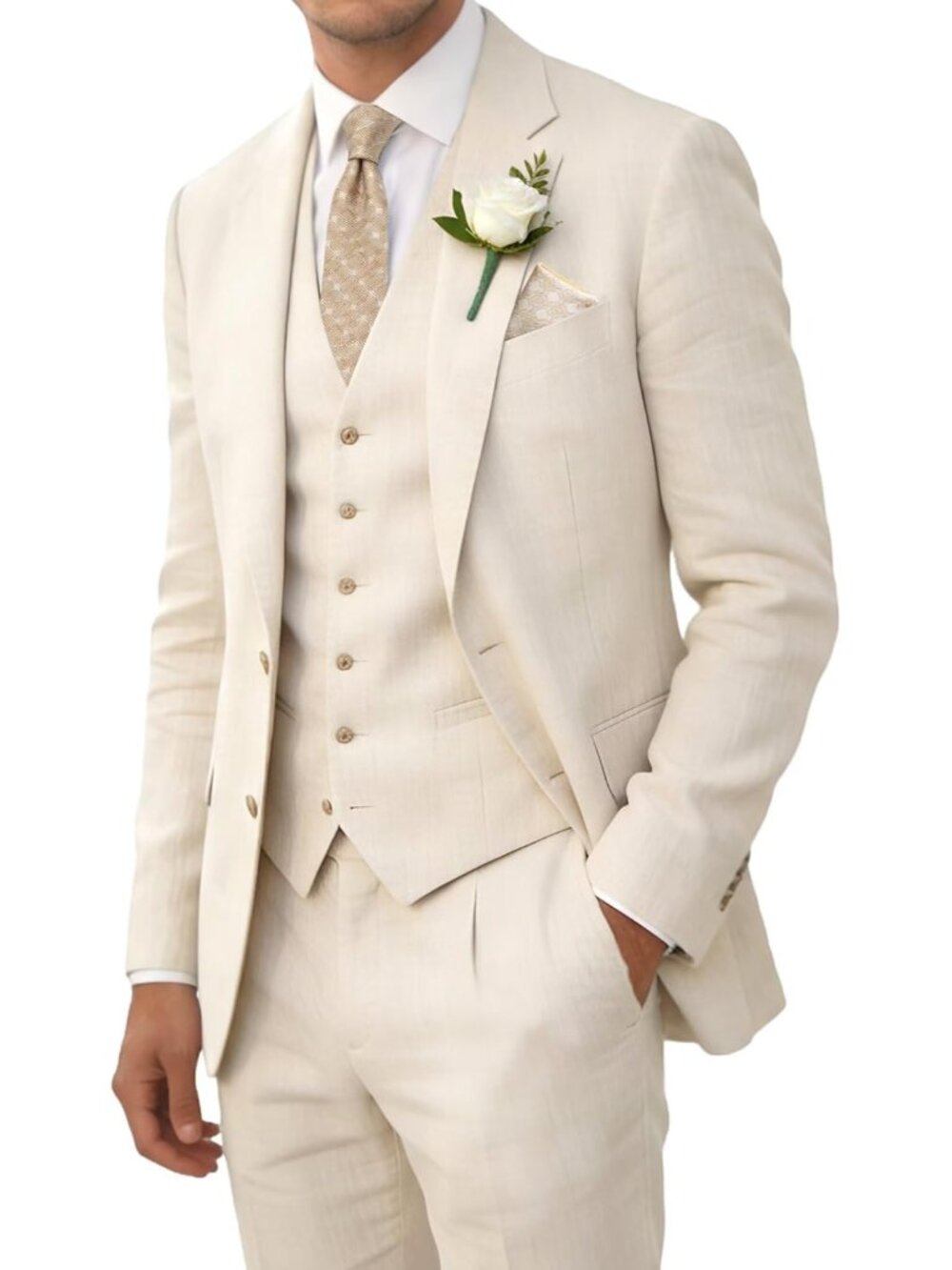 Retro Linen Men Suits Beach Wedding Suit Summer Slim Fit 3 Pieces Light Weight B
